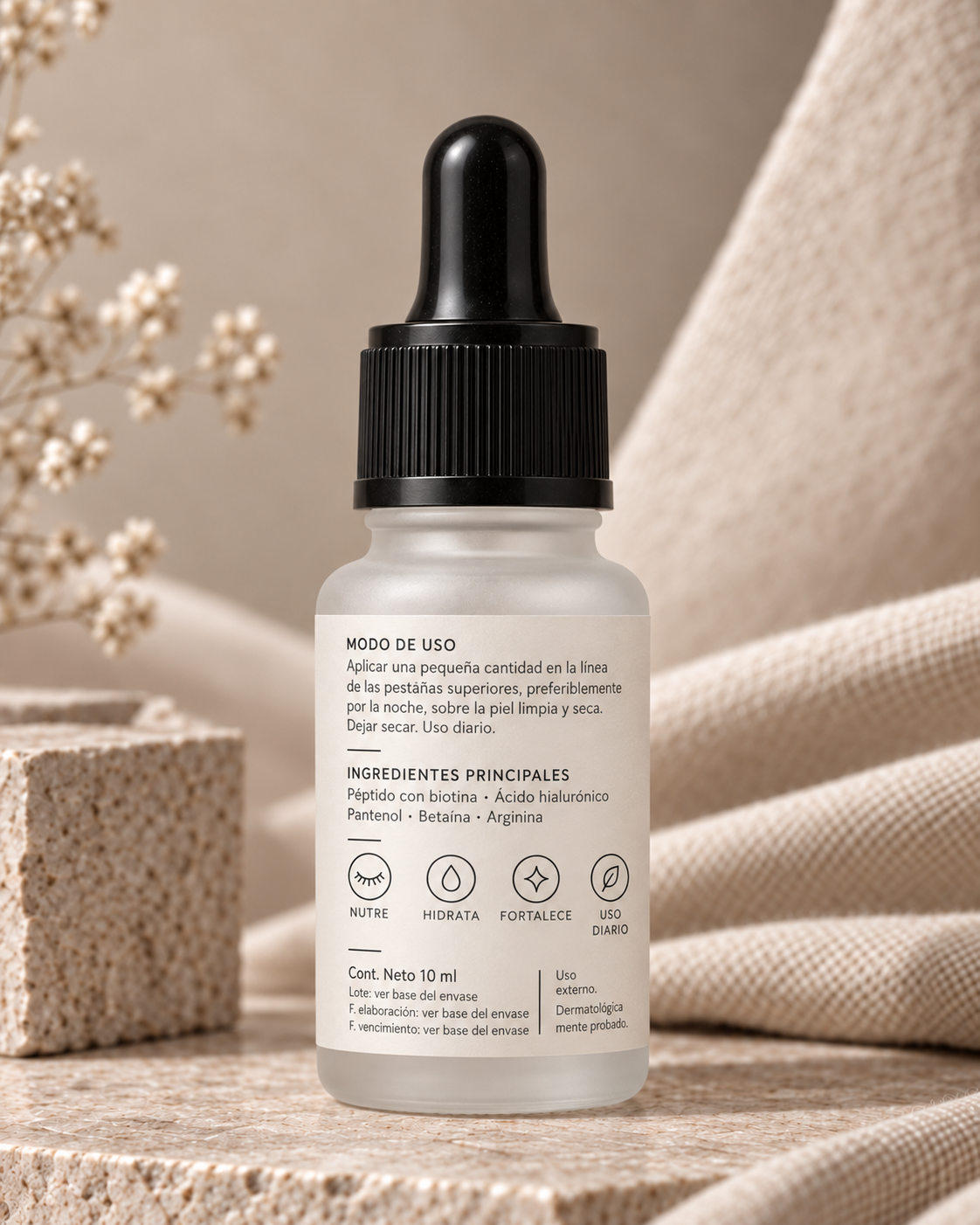 Lash Conditioning Serum de MONEL Skin Science Labs, vista posterior con modo de uso e ingredientes principales