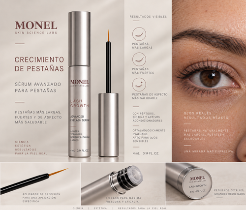 Lash Growth Serum de MONEL Skin Science Labs, detalle de producto, aplicador y beneficios