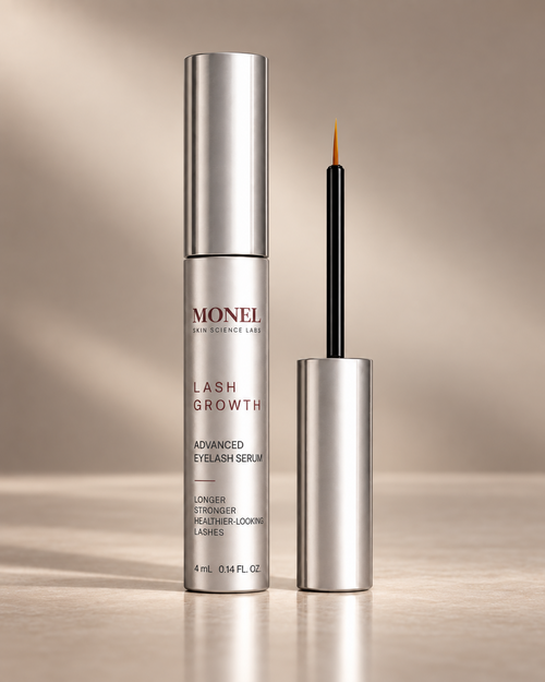 Lash Growth Serum de MONEL Skin Science Labs, vista frontal con aplicador, 4 ml