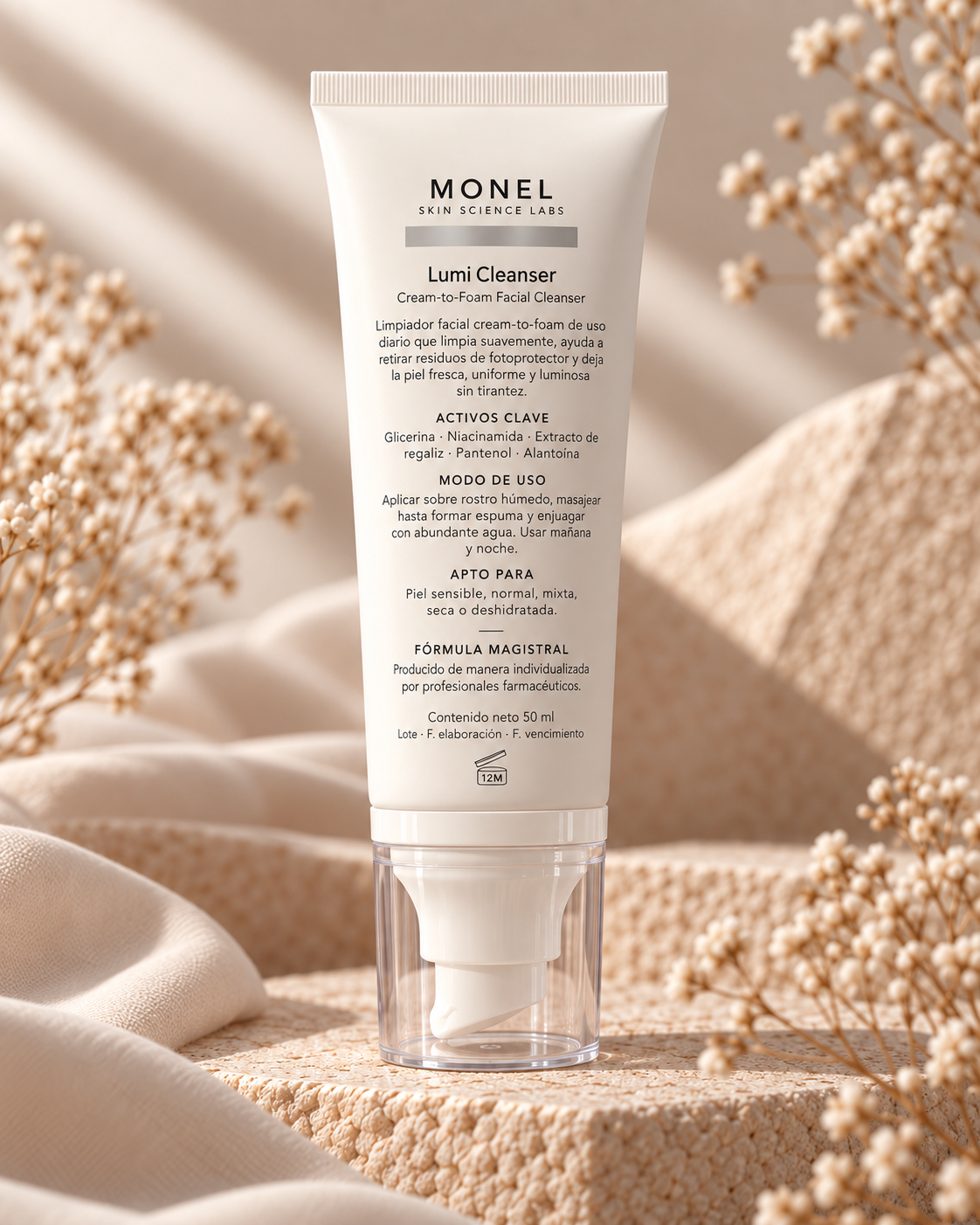 Lumi Cream Cleanser de MONEL Skin Science Labs, vista posterior, presentación de 50 g