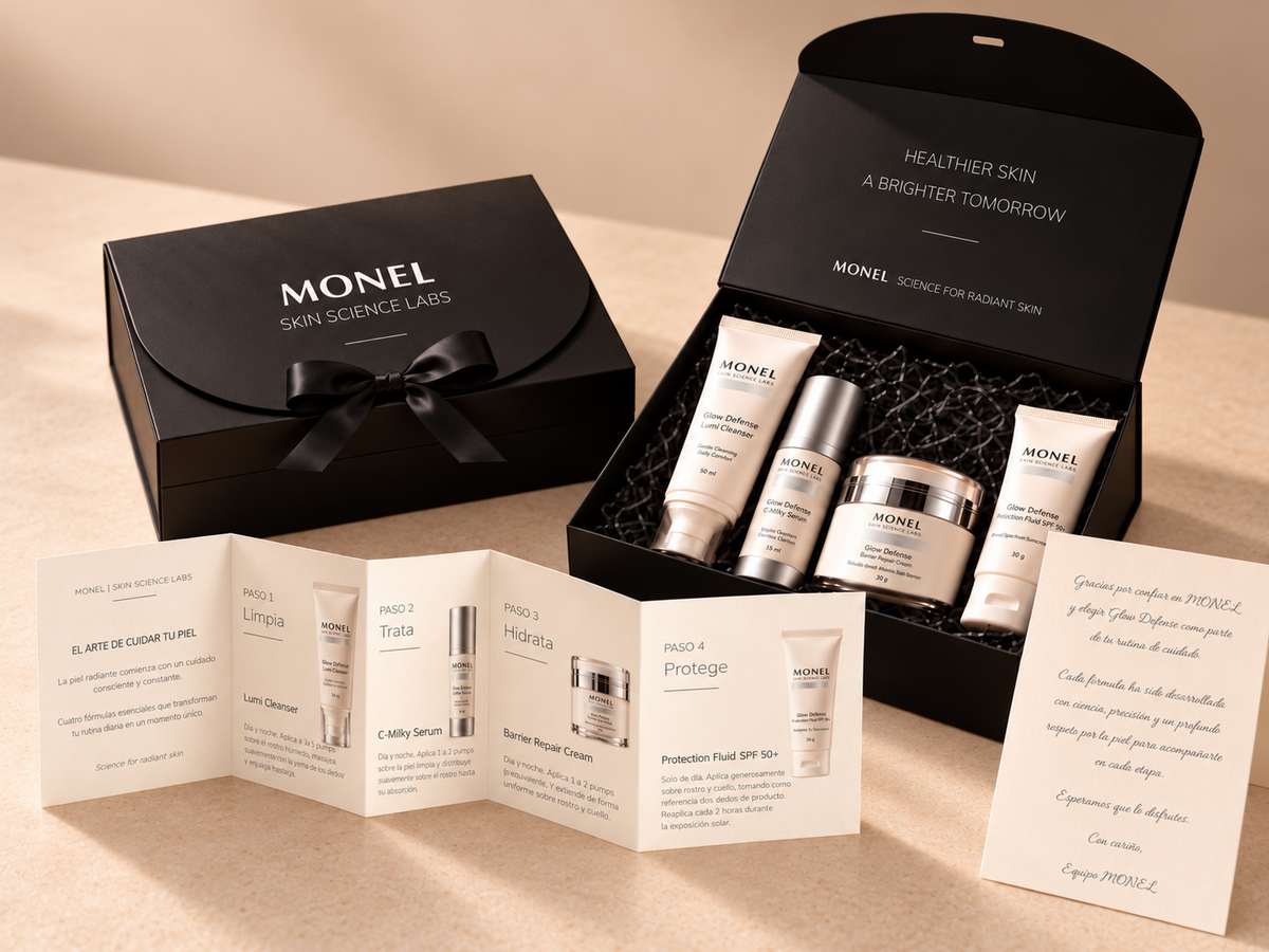 MONEL Glow Defense Gift Box — caja premium con cuatro productos, guía del ritual y tarjeta de agradecimiento
